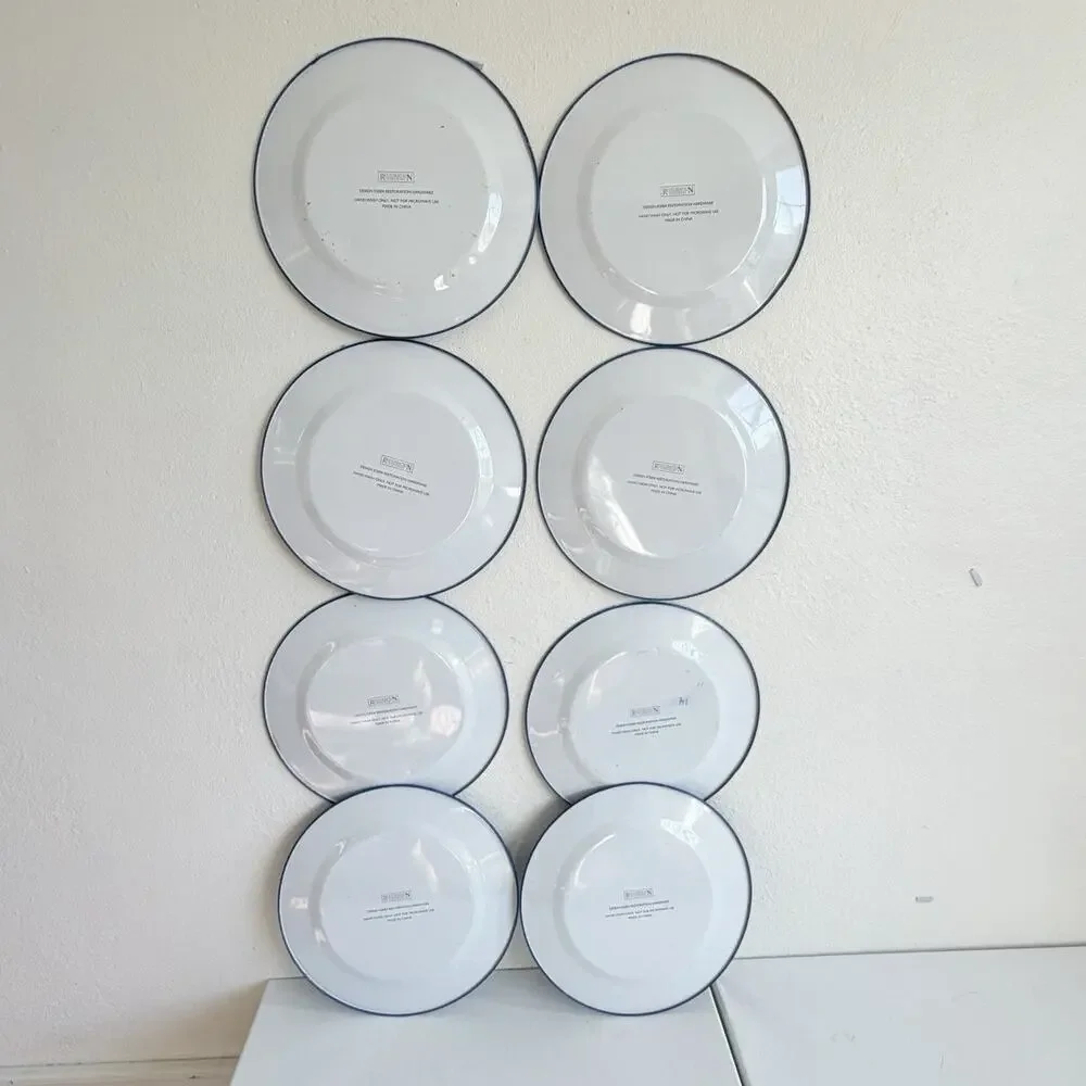Set of 8 Vintage Restoration Hardware Blue & White Flo Tin Plates 10
